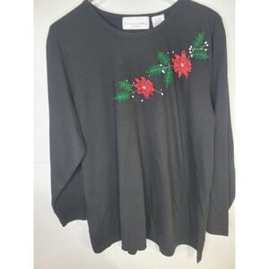 Victoria Jones Black Long Sleeve Poinsettia Christmas Embroidered‎ Tunic Top 1X
